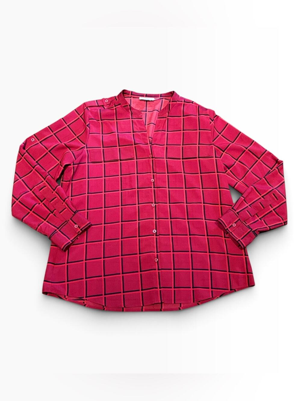 Calvin Klein Women's Large Red Windowpane Button-Front Long Sleeve Blouse